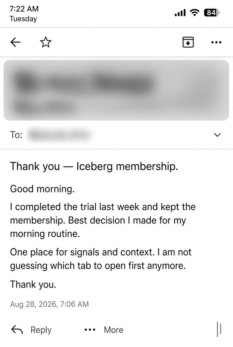 Redacted customer email testimonial: ICEBERG ACCESS · AUG 28, 2026