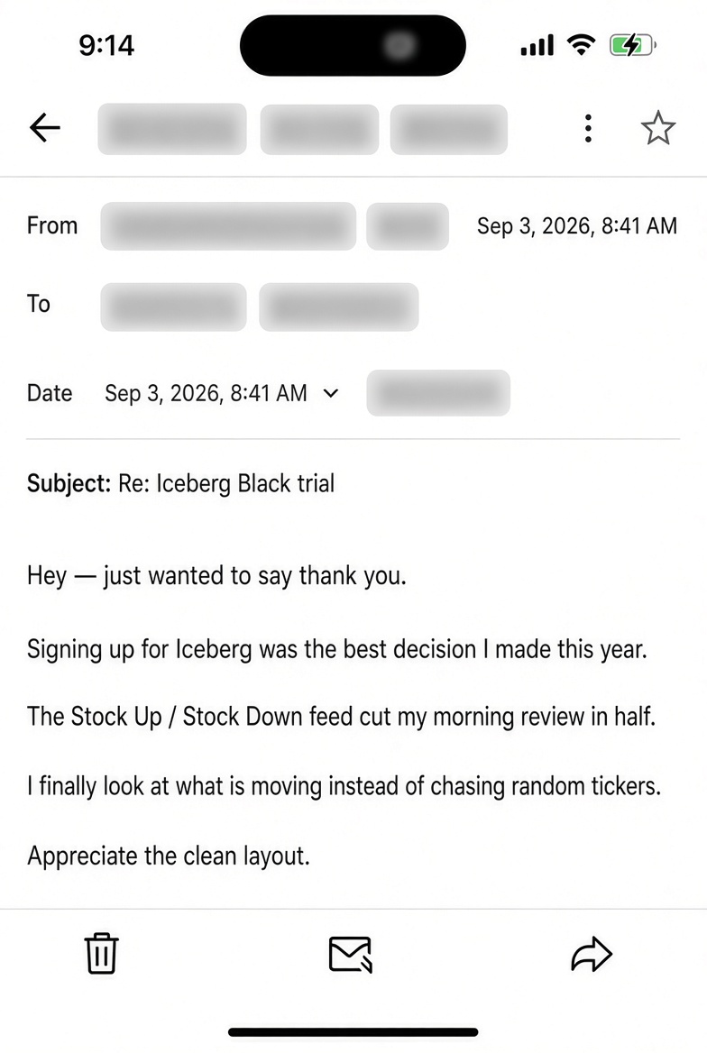 Redacted customer email testimonial: ICEBERG STOCK FEED · SEP 3, 2026